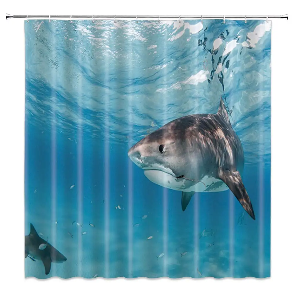 Shark Shower Curtain Set Shark Fish Blue Seawater Waterproof Polyester