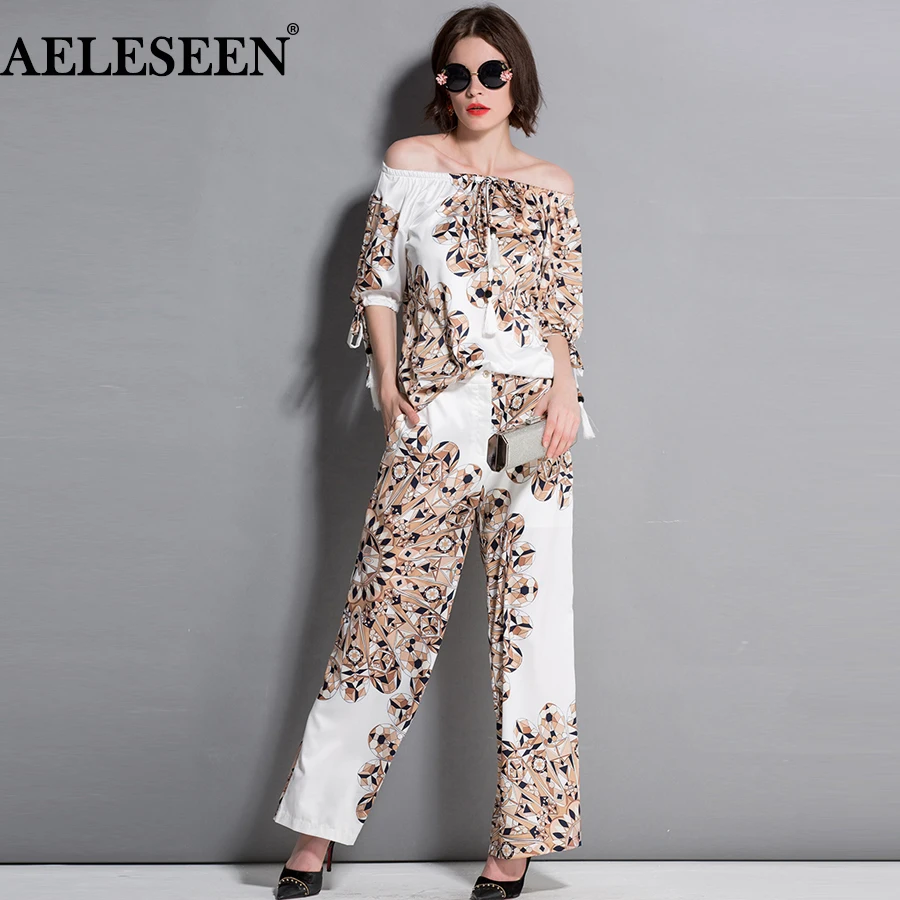 

AELESEEN Runway Women Sets 2018 New Autumn Top Fashion Lantern Sleeve Vintage Print Off Shoulder Top + Long Loose Pant Suit