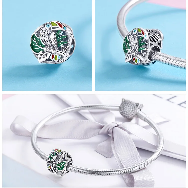 Fit Pandora браслет серебро 925 красочные CZ Toucan бусины с попугаем S925 розовый и зеленый циркониевый дерево птица подвеска для DIY ювелирных изделий