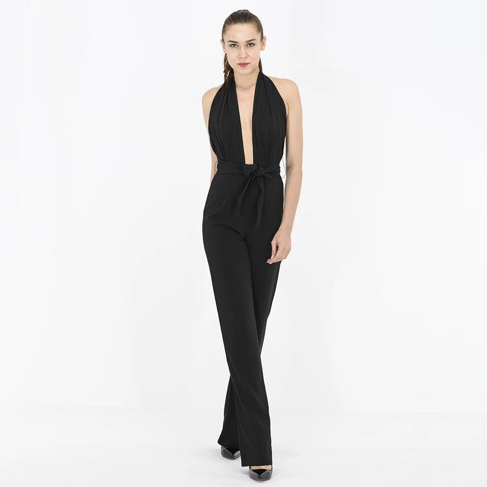 P163 backless halter neck sexy straight leg women jumpsuit with a belt ...