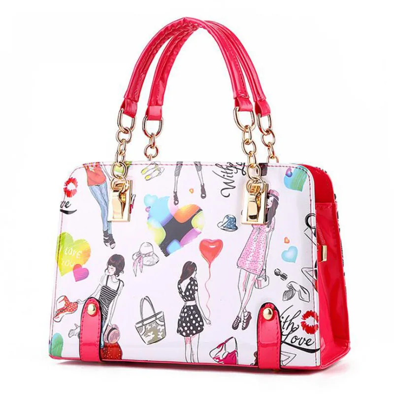 

NEW 2018 Women Hand Bags Summer Cartoon print Ladies Clutch high quality women Bag fashion Graffiti Chain Locomotive Girls Bags