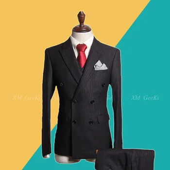 

2019 New British Style Men Black Striped The Double-breasted Suit Mens 3 pieces Casual Blazers Male Wedding Dress Suits Jacket
