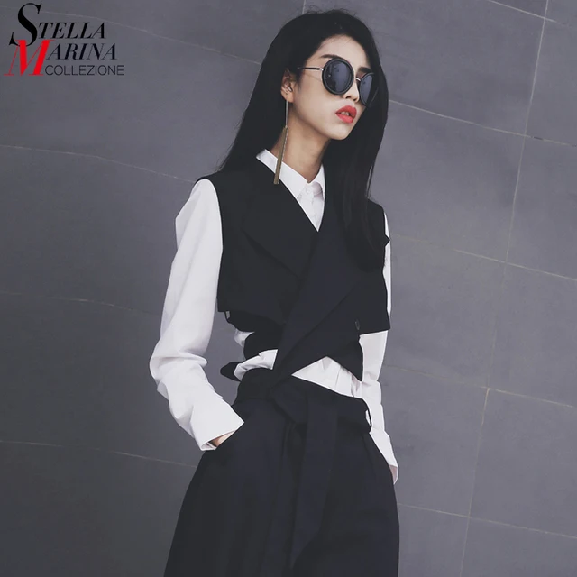 New 2018 European Fashion Women Solid Black Vest Sashes Sleeveless Button Women Unique Jacket Girls Casual Waistcoat Style 1851