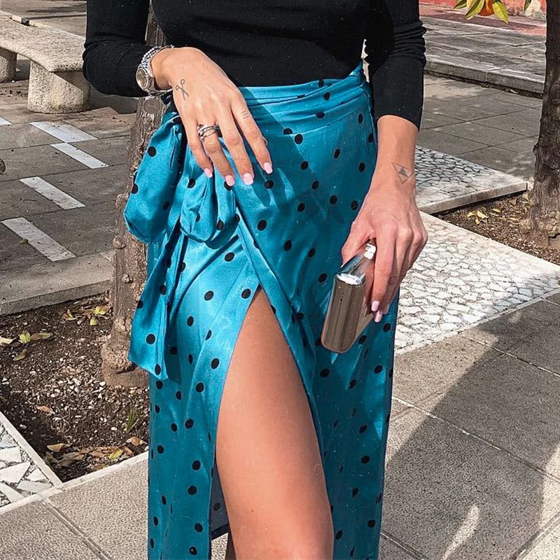 

Melegant Vintage Polka Dot Long Skirts Womens 2019 Summer Fashion Satin Wrap Skirt Sexy Split Streetwear Maxi Skirt Faldas Mujer