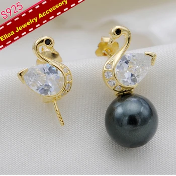

Elegant Swan Pearl Earrings Holder S925 Sterling Silver Earrings Jewelry Findings&Components Women DIY Accessory 3Pairs/Lot