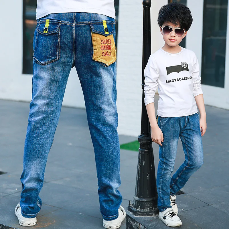 2 2019 Kids Boys Jeans Denim Pants Trousers Teens Letters Pockets Solid Navy Blue Spring Casual Elastic Waist Children Clothing