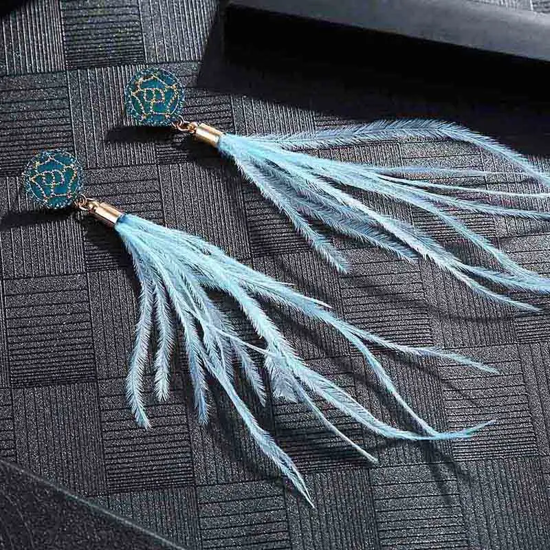 E6102 Trendy Earrings Drop Earrings DangleLongBohemianBlueBohoTasselFeather Earrings For Women Jewelry