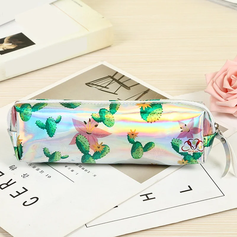

Cactus Unicorn Pencil Case Shining Color Laser Holographic Pencil Case Makeup Handbag Holder Purse Bag Cute School Supplies