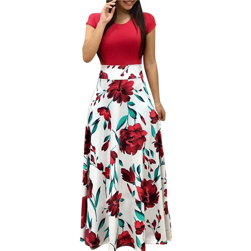 

2019 Womens Summer Long Dress Floral Print Boho Beach Plus Size Maxi Dress Casual Patchwork Short Sleeve Party Dresses Vestidos