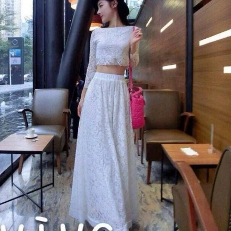 Free Shipping 2021 New Fashion Plus Size S-10XL Summer Sexy Lace Twinset Perspective Short Tops And Long Maxi Skirt Customized |
