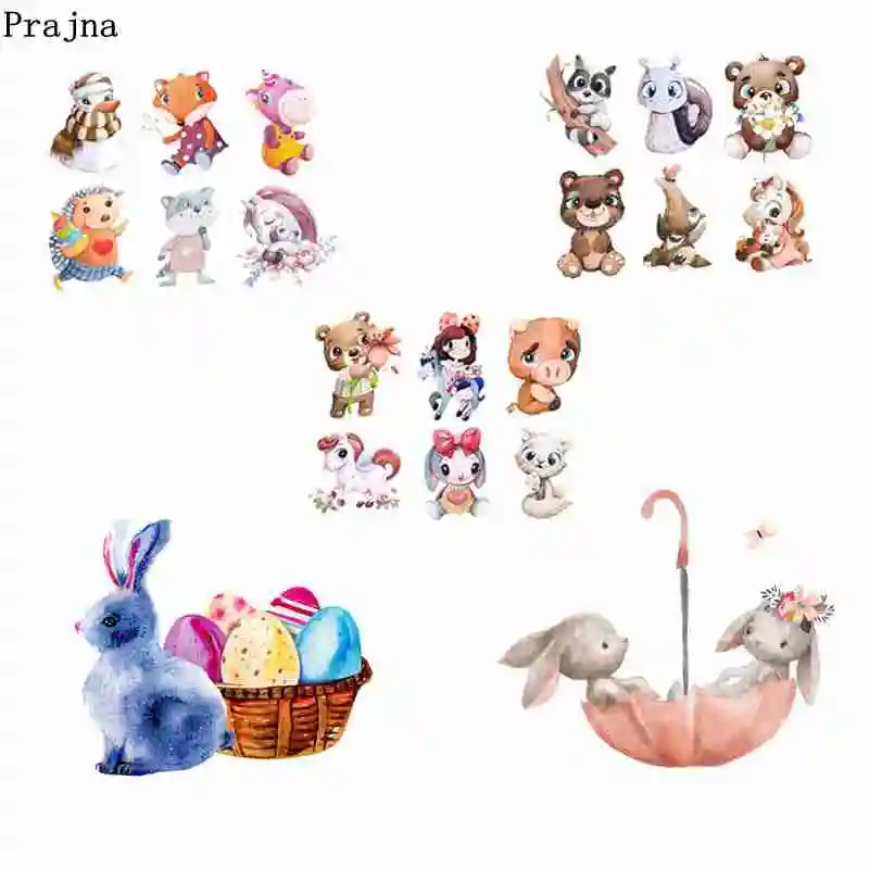

Prajna Cute Animals Rabbit Heat Transfers Easter Eggs Tigers Cats Patches For Clothing Thermal Transfers For T-shirts Decoration
