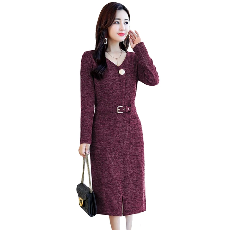 

Fashion Autumn Winter Knit Dress Womens Long Sleeve Sexy V-Neck Elegant Belt Slim Sweaters Dresses Female Plus size 4XL Vestidos