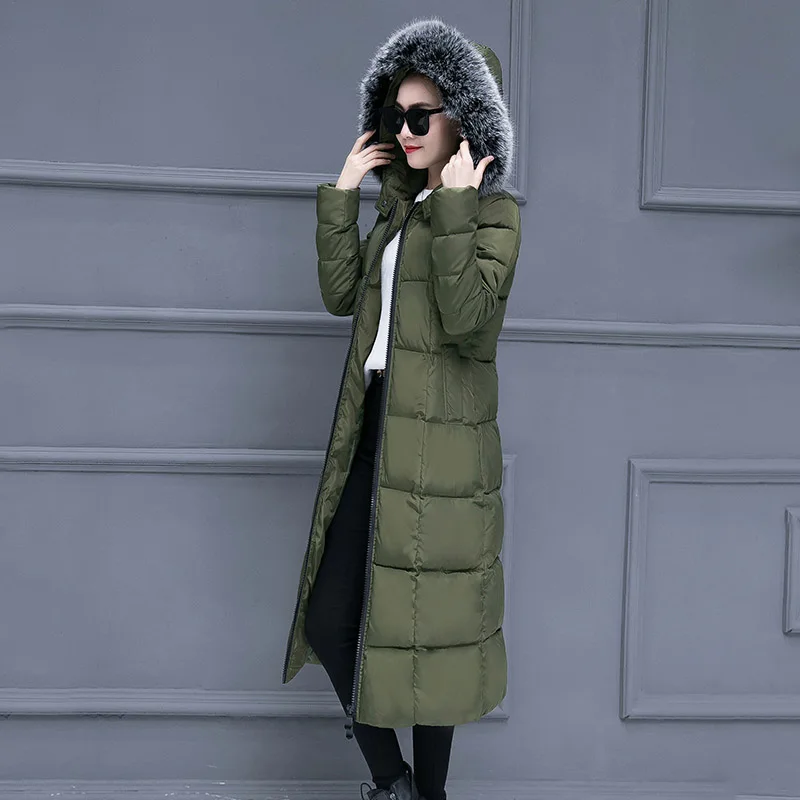 25 градусов, женские куртки, зимняя верхняя одежда, новые женские длинные парки, пальто, простой стиль, X-long, тонкий большой меховой воротник, толстый теплый - Цвет: Армейский зеленый