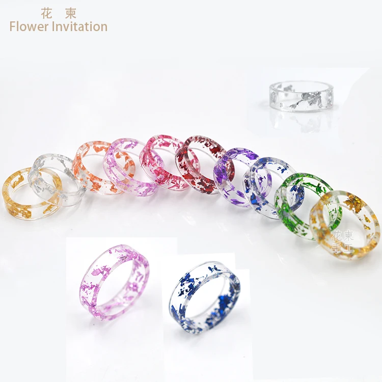 

Flower Invitation gold foil finished ring Handmade gold small fresh multicolored crystal resin ring HJ10