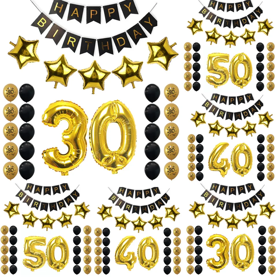 

Amawill Adult 1st 2nd 3 18 20 30 40 50 Birthday Party Decoration set Happy Birthday Banner Balloon Black Gold Party Supplies 8D