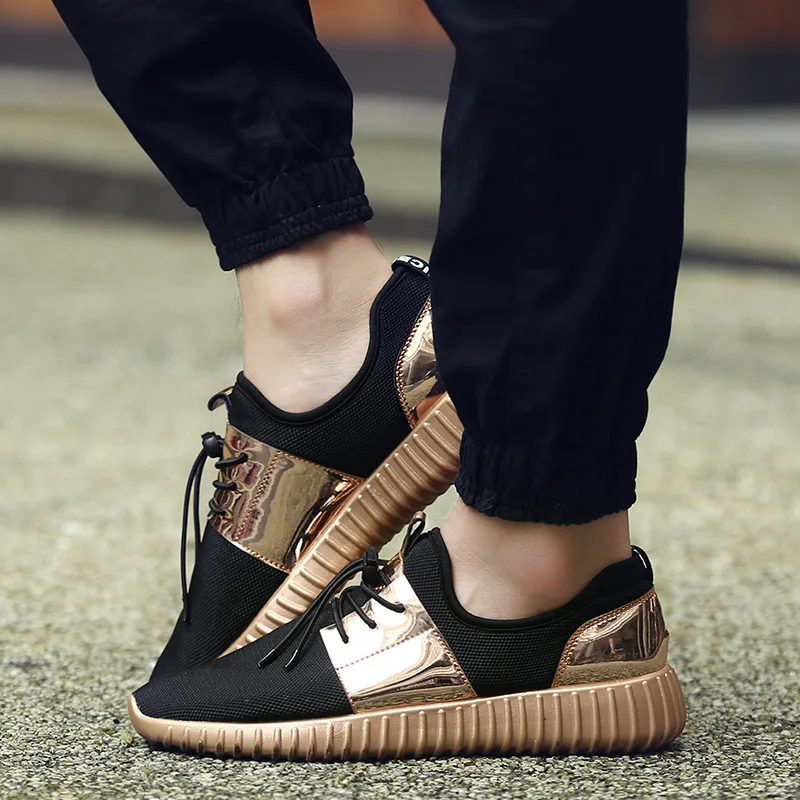 2016 Fashion Air Mesh Mens Shoes Casual Glossy Gold Mens Trainers Outdoor Breathable Lace Up Lightweight