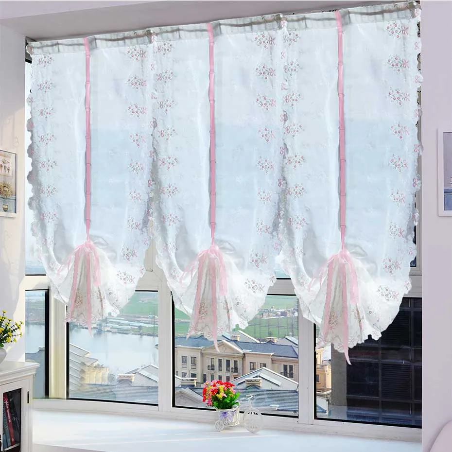 Римская занавеска на окно, пасторальный тюль, с вышивкой, отвесная занавеска для кухни, гостиной, спальни, занавеска на окно, с розовым бантом