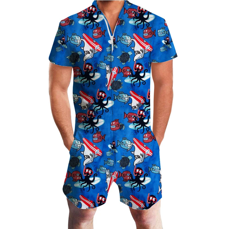 2019 Hawaii Style Floral Print 3d Rompers Short Sleeve Men's Jumpsuit Playsuit Harem Cargo Overalls Summer Beach One Piece Drop
