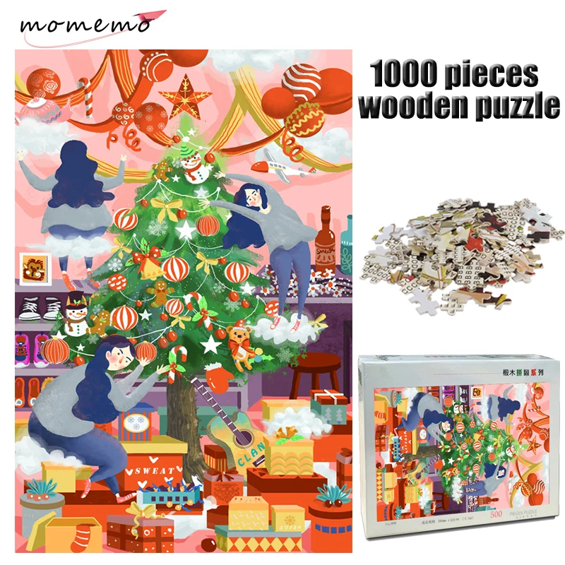 

MOMEMO Christmas Eve Wooden Adult Jigsaw Puzzle 1000 Pieces Puzzle Cartoon Hand Painted Decompression Puzzle Game Toys for Kids