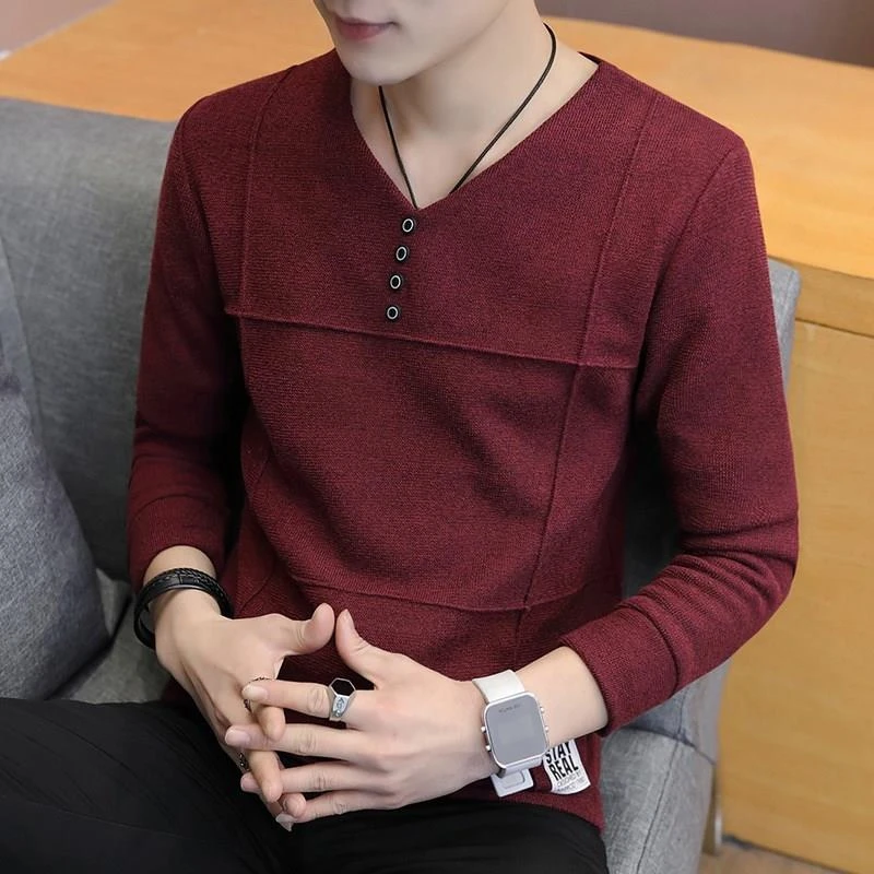 2019 Spring New V Neck fashion T Shirt Men Long Sleeve T-shirts Vintage Slim Fit Casual Streetwear maleclothes Plus Size 3XL