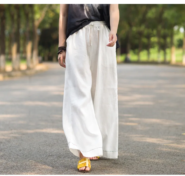 LZJN Women Culottes Wide Leg Pants 2019 Summer Long Trousers Elastic Waist Pockets Solid 5 Colors 100% Linen Pants Loose Bottoms (18)