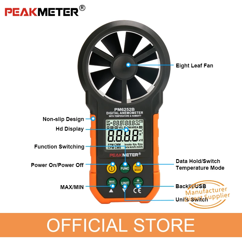 Цифровой анемометр температура воздуха Измеритель влажности PEAKMETER PM6252B с RH usb-портом