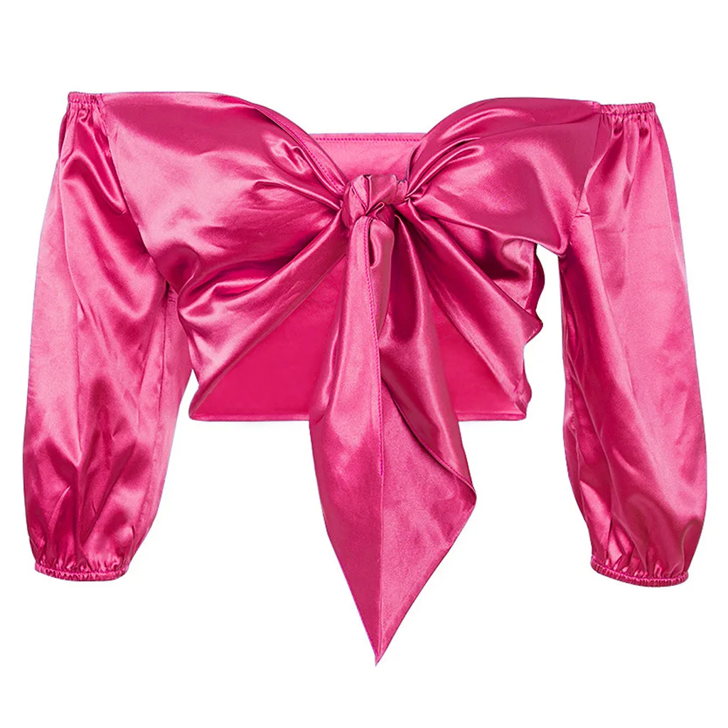 Hot Pink Пикантные атласные шелковые топ Для женщин лук пояса V образным вырезом укороченный топ без рукавов Половина рукава укороченные с низким вырезом на спине укороченный, женственный майка# P30 - Цвет: Hot Pink
