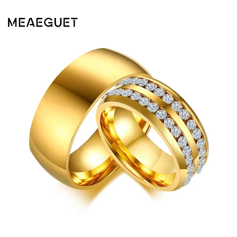 Meaeguet Gold-color Stainless Steel Two Row Lines Crystal Ring Wedding Bands for Women Men Couple Wedding Engagement Jewelry
