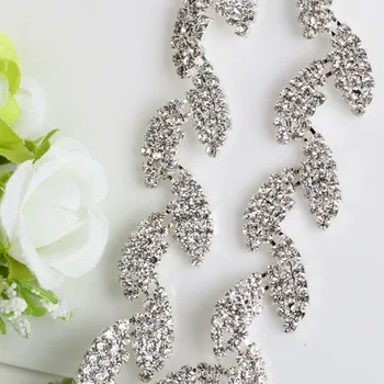 

1yard Crystal Clear leaf Glass Rhinestone Cup Chain Silver Base Dress Decoration Trim Applique Sew on Rhinestones