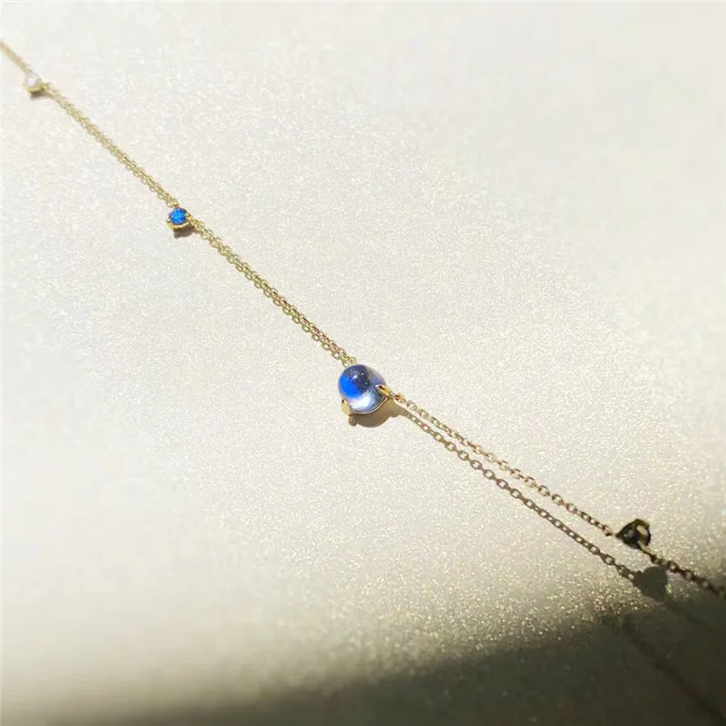 Aazuo 18K Yellow Gold Necklace Real Natual Moonstone Blue Sapphire Diamond gift for Women Valentine's Day Gift Link Chain Au750