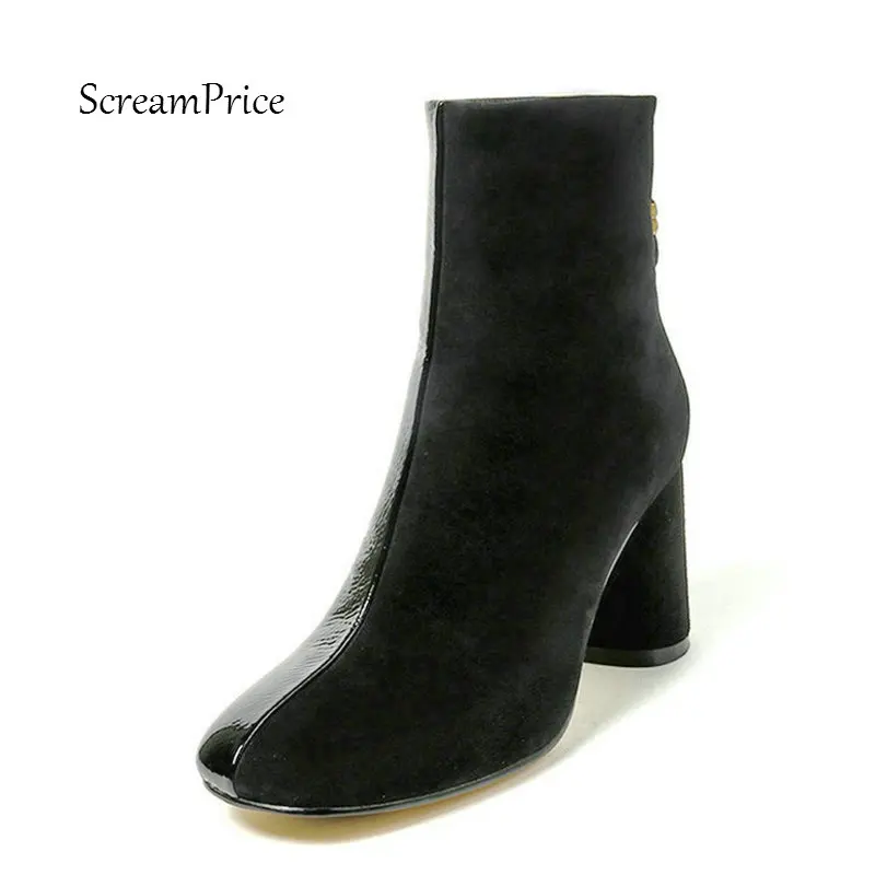 The New Suede Thich High Heel Back Zipper Woman Ankle Boots Fashion Square Toe Dress Ladies Boots Black