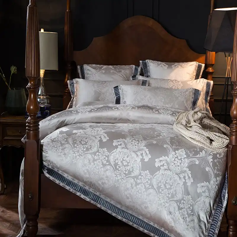 Pink Purple Silver Gold Luxury Satin Jacquard Bedding Set Queen King Size Duvet Cover Bed Sheets European Baroque Style
