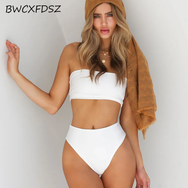 BWXFDSZ бикини для плавания купальный костюм бикини женский купальный костюм сплошной цвет бандо Высокая талия пляжный купальник