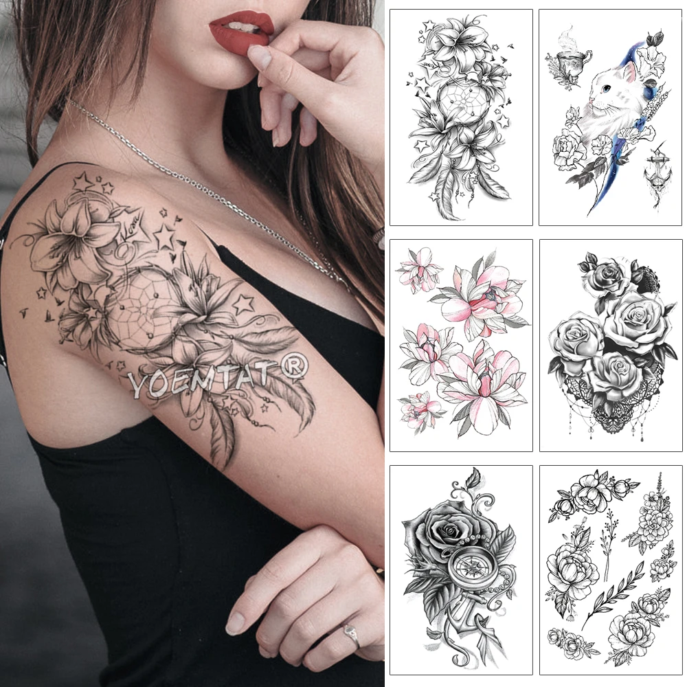 Lily Rose Dream Catcher Waterproof Temporary Tattoo Sticker Black Lace  Stars Arm Back Big Tatto Body Art Fake Tatoo For Women - Temporary Tattoos  - AliExpress