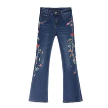 Новые Большие размеры женские Национальный Ветер вышивка большой цветок стрейч длинный абзац тонкий расклешенные джинсы