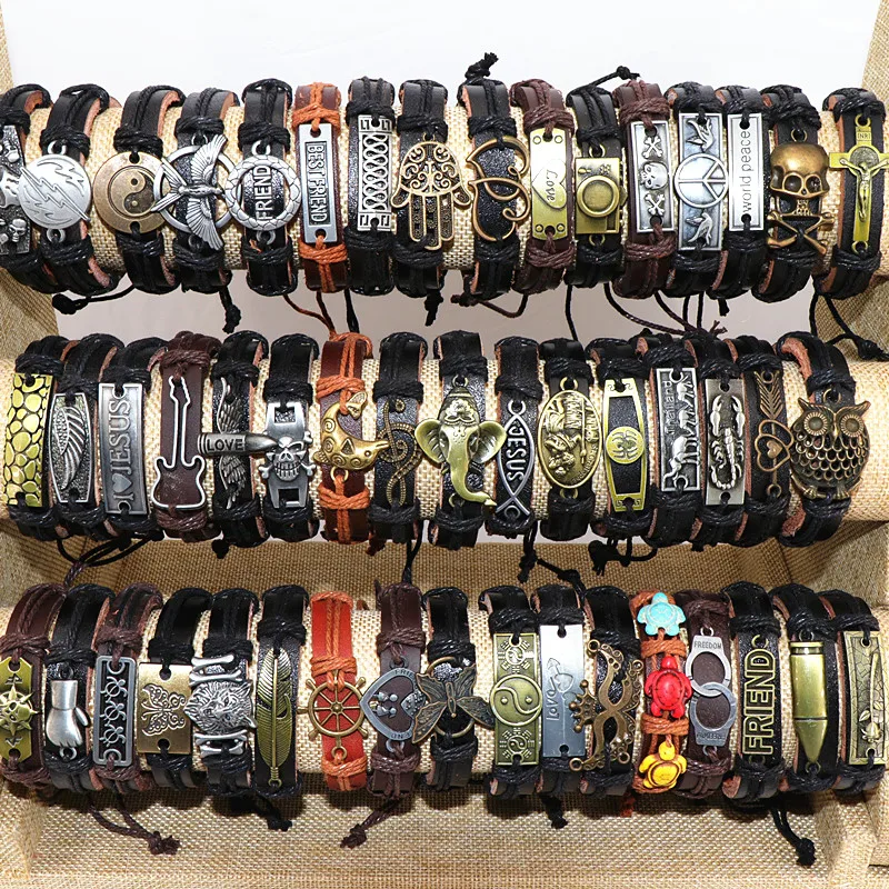 

Wholesale 50pcs/Lot Leather Metal Charm Bracelets For Men Vintage Wrist Cuff Bracelets For Women Gifts Jewelry Mix Style