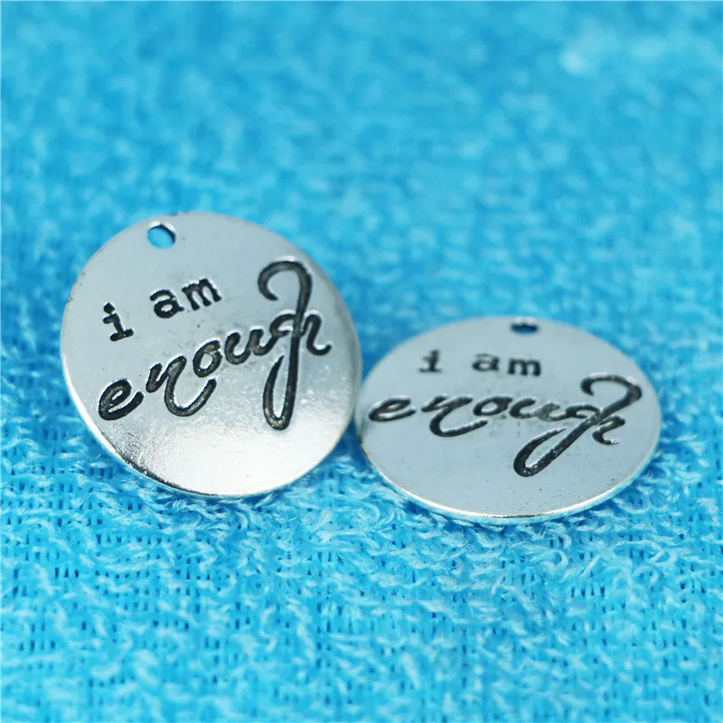 

2018 Hot selling High Quality 10 Pieces/Lot 25mm Antique silver Letters i am enough Charm Pendant for DIY making Bracelet