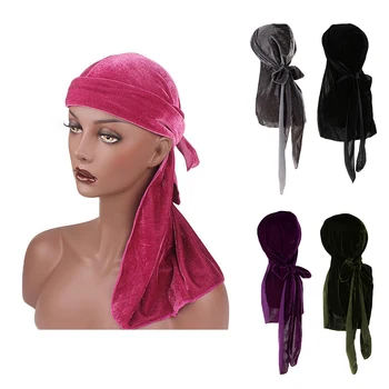

Luxury Velvet Long Tail Scarf Cap Pirate Hat Durag Chemo Caps Muslim Turban