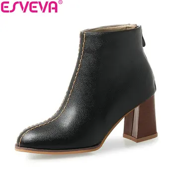 

ESVEVA 2019 Shoes Woman Zipper PU Boots Ankle Boots Round Toe Square High Heels Shoes Casual Solid Ladies Boots Shoes Size 34-43