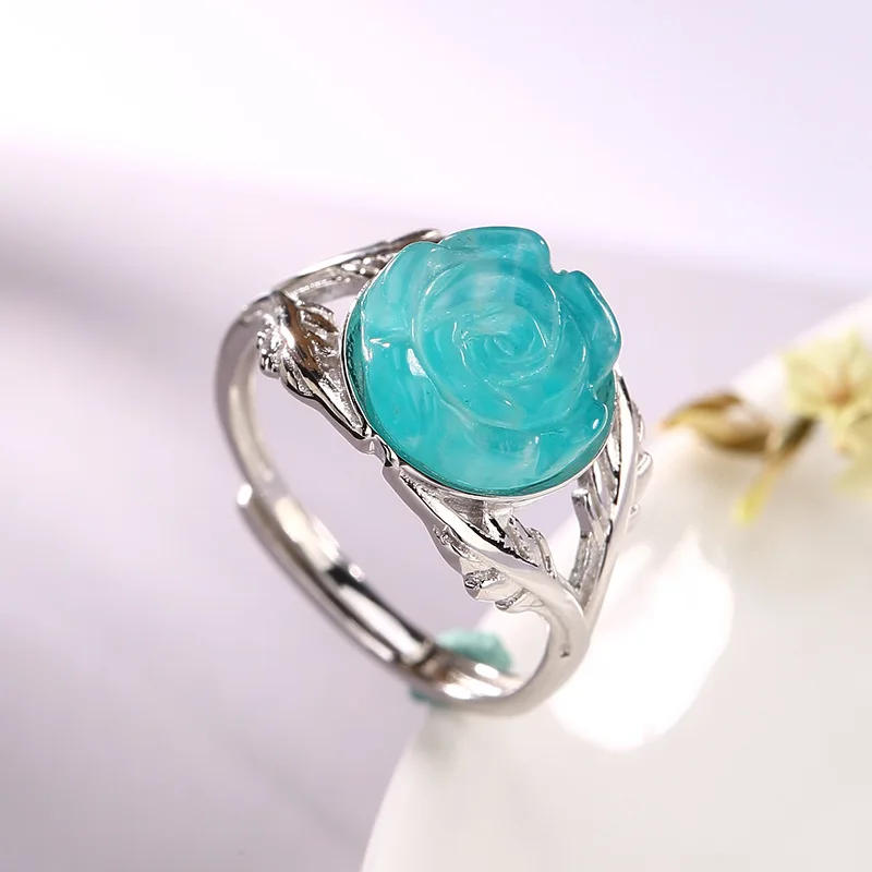 

925 sterling silver natural Amazonite stone rose flowers rings simple design charms rings for women fashion Amazonite jewelry