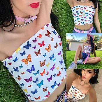 

Women Summer Cute Butterfly Print Strapless Tanks Camis Skinny Slim Bustier Tank Crop Tops Vest Lady Sexy Strappy Tanks Clubwear