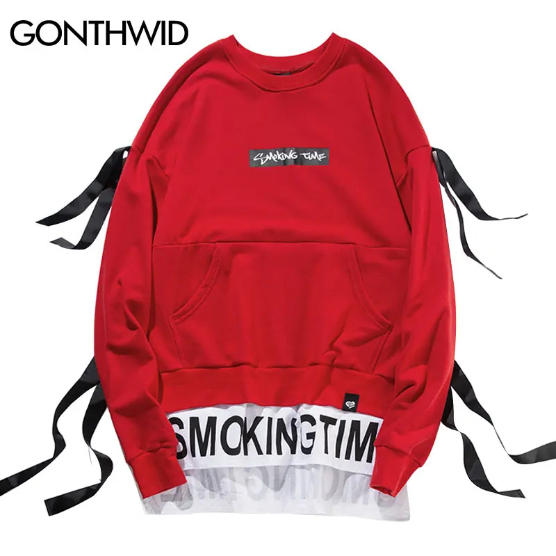 GONTHWID Side Ribbon Split Patchwork Extended Hoodies 2017 Mens Hip Hop