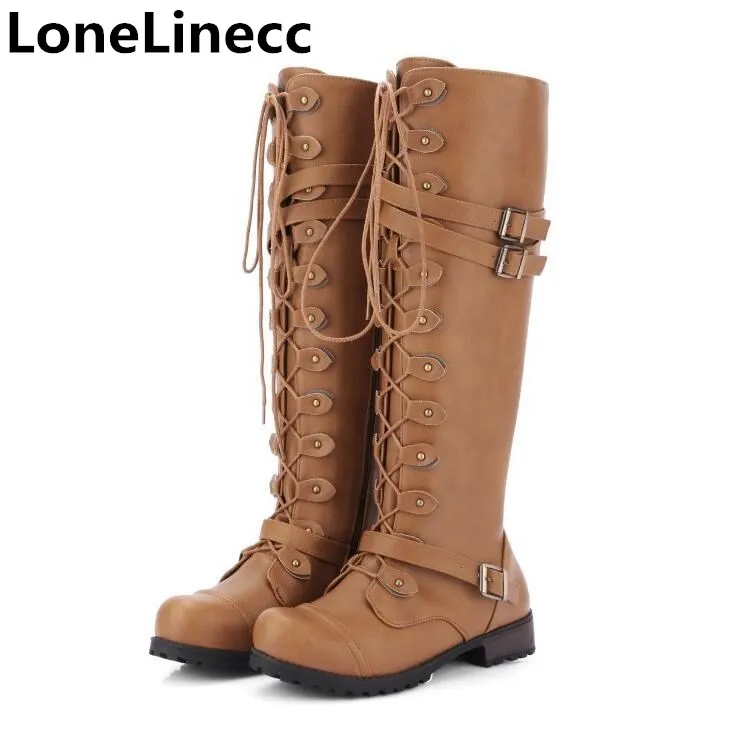 

Europe Lace Up Knee High Boots Women Boots Flats Shoes Woman Square Heel Motorcycle boots rivet Winter rivet High Boots women