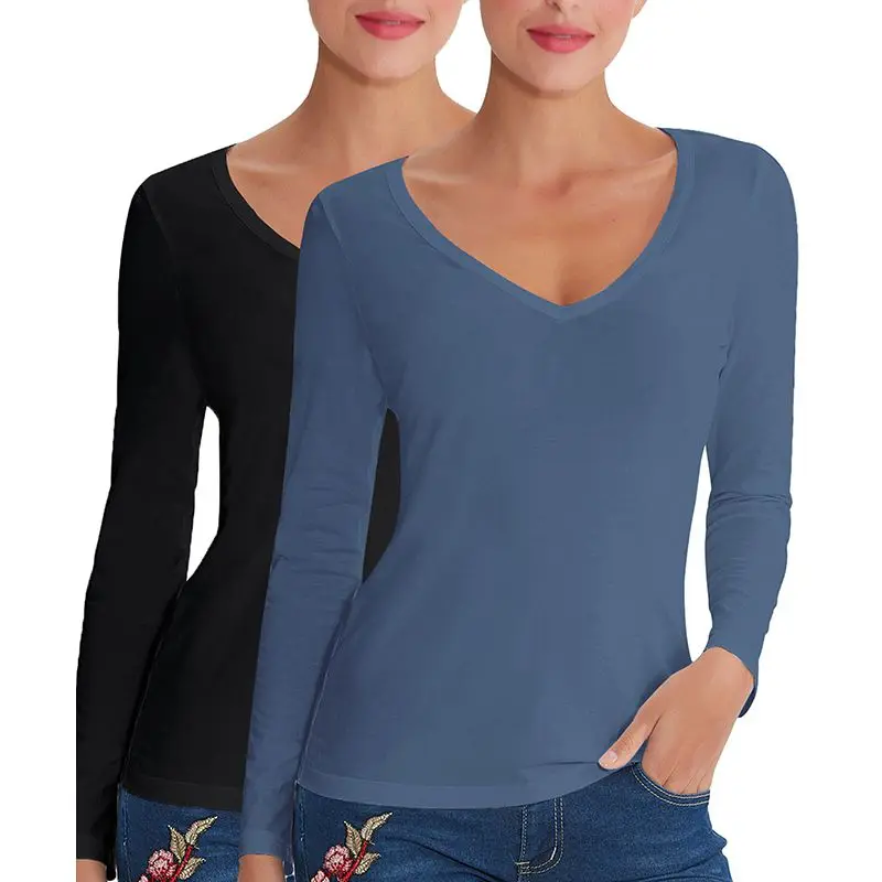 94% хлопок 6% спандекс блузка Новая мода осень длинный рукав v-образный вырез женские рубашки M30166 - Цвет: 2 pcs