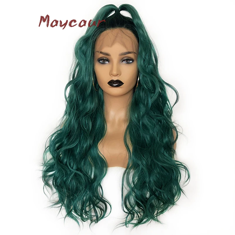 

1b/green Loose Wave Synthetic Lace Front Wig Free Part Heat Resistant Ombre Fiber Hair Wigs For Women 180 Density