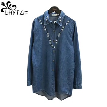 

UHYTGF XL-4XL Plus size jeans coat Women clothing Long sleeve casual Denim blouse Loose Embroidery Women shits long Top lady 722