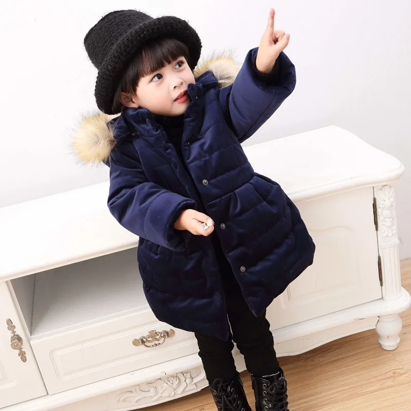 Коллекция года, зимние куртки для девочек велюровые плотные детские пальто теплая парка детская длинная хлопковая стеганая одежда с милым бантом для маленьких девочек - Цвет: Have hat Navy
