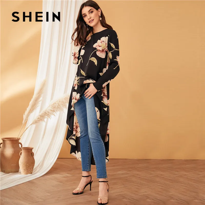 Женская асимметричная блузка SHEIN черная с круглым вырезом и длинным рукавом