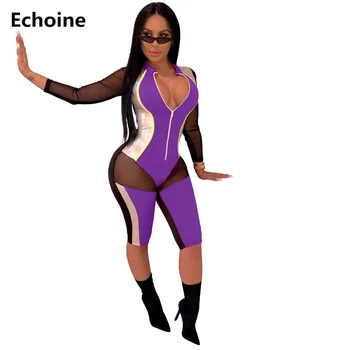 

Sexy Bodycon Sheer Mesh Patchwork Playsuit Elegant Jumpsuit Club Outfit Woman PU Party Bodysuit Rompers Colorful Patchhwork