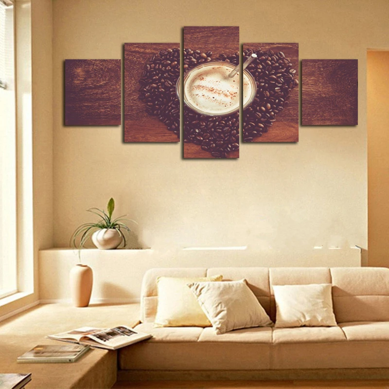 Canvas Art Wall Modern Artwork Popular Pictures For Living Room Framework 5 Panel Coffee Beans Drink Home Decor Painting | Дом и сад